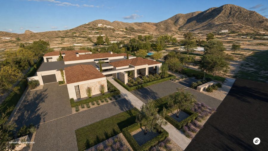 The estate from above · designtank schematic design rendering, September 2026