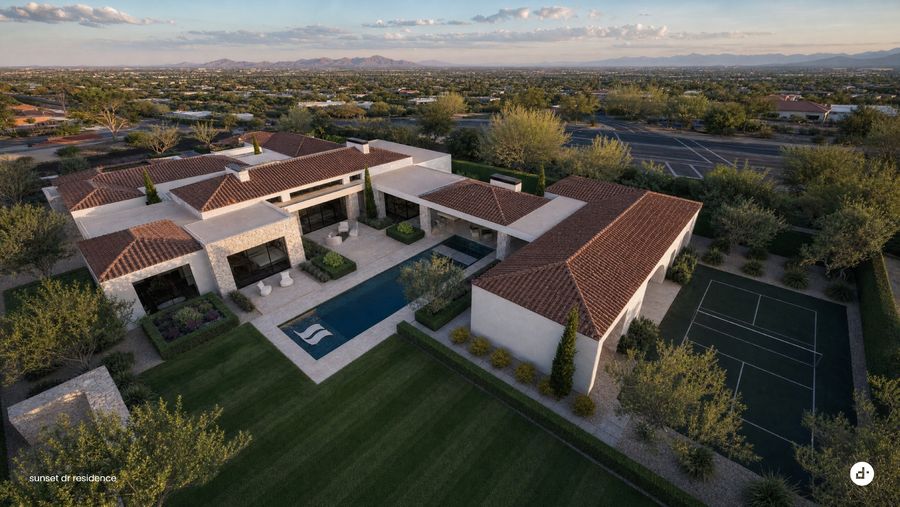 Courtyard and pool from above · designtank schematic design rendering, September 2026