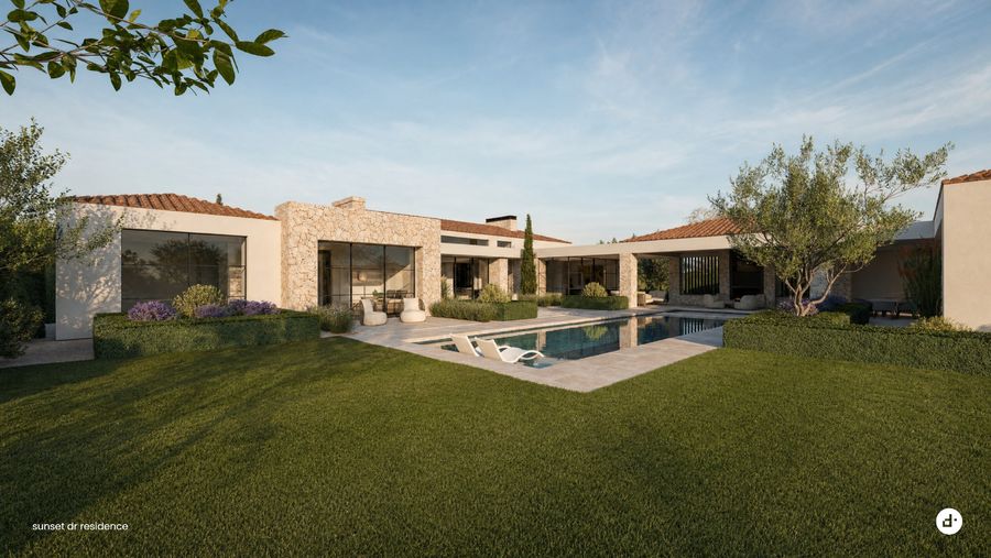 Lawn and pool · designtank schematic design rendering, September 2026