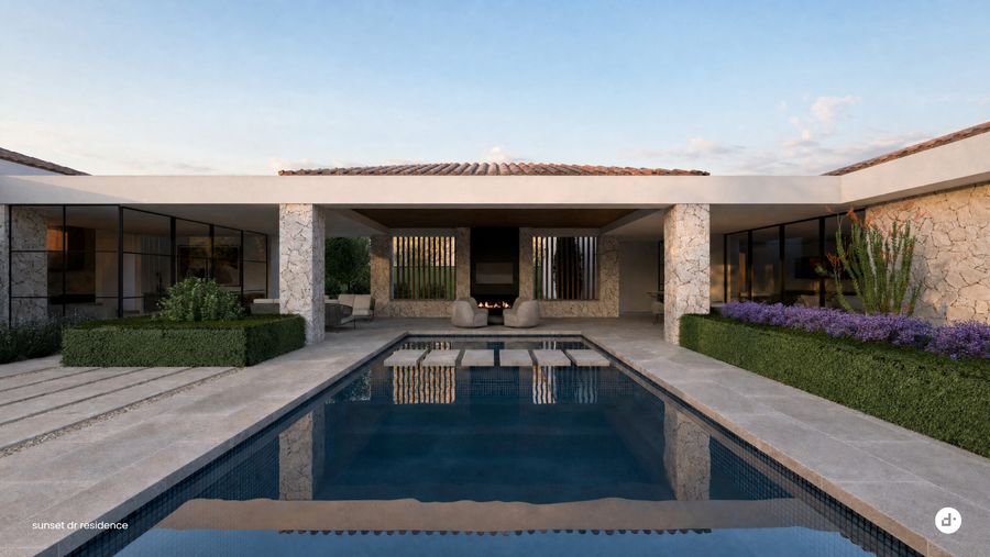 Pool and covered terrace · designtank schematic design rendering, September 2026