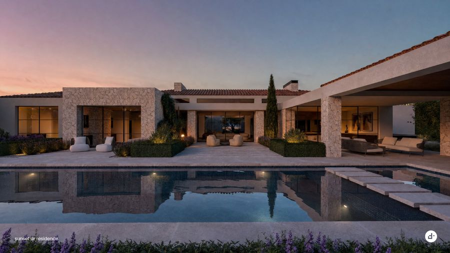 Pool at dusk · designtank schematic design rendering, September 2026