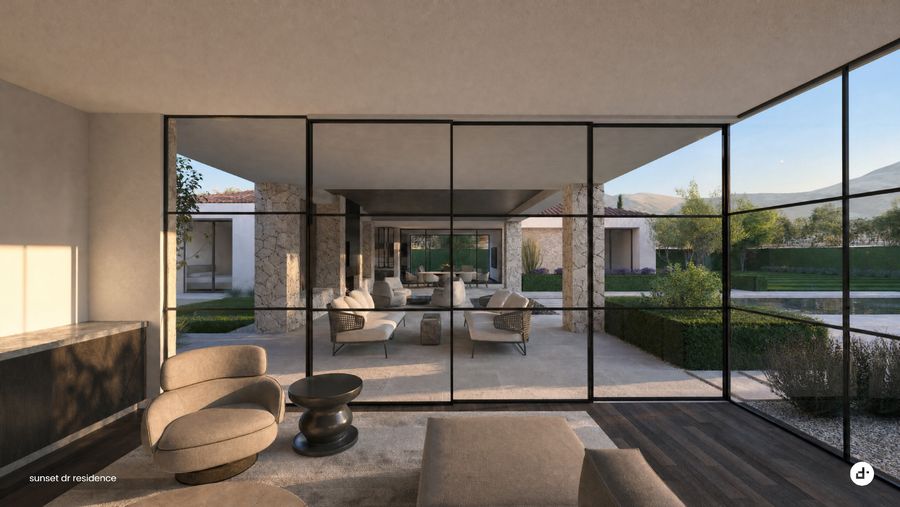 Great room to the courtyard · designtank schematic design rendering, September 2026