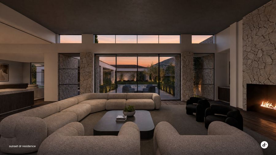 Great room · designtank schematic design rendering, September 2026