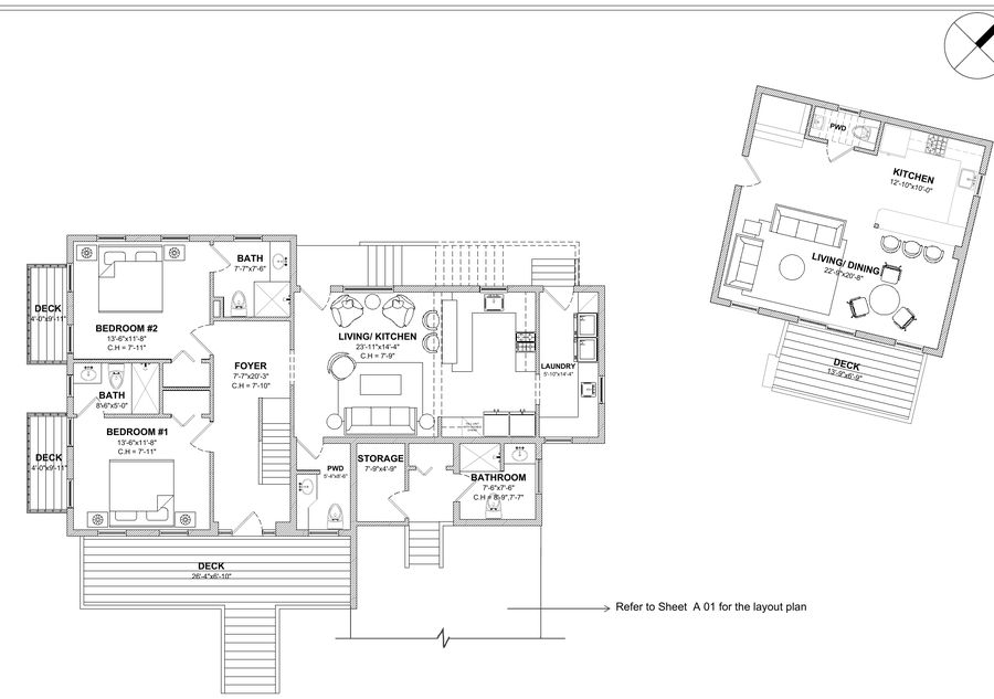 Proposed level 1 plan, main house and carriage house · in-house studio design proposal, 31 July 2026