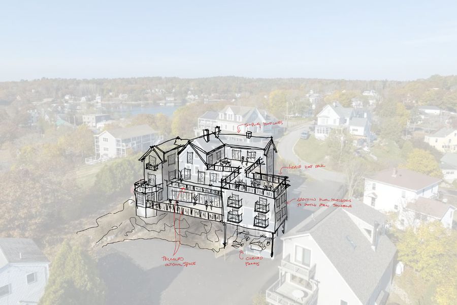 Concept sketch over the site: harbor-side additions, roof deck, covered porches · Woodhull, 23 September 2026