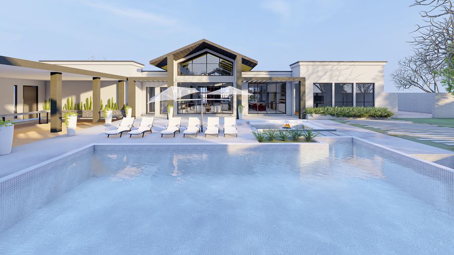Pool and rear elevation, rendering
