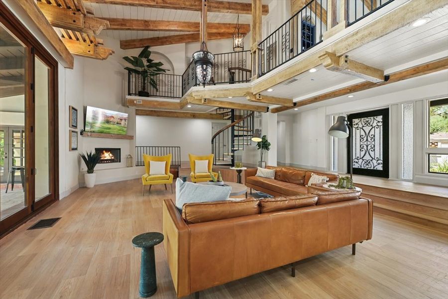 Great room with beamed ceilings