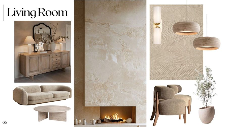 Interior concept board, Soft Dune scheme · in-house studio, May 2026
